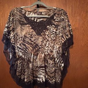 Almost Famous Black Lace and Brown Patterned Blouse